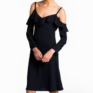 Reformation Black Cold Shoulder Ruffle V Neck Long Sleeve Midi Dress Size 2